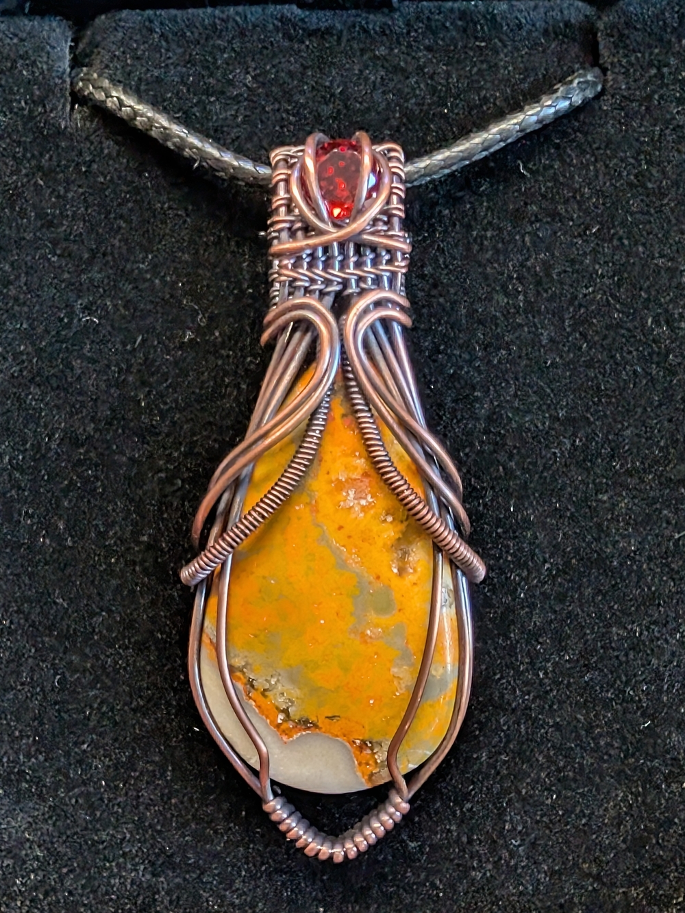 Handmade Bumblebee Jasper & Garnet Copper Wire Wrapped Pendant